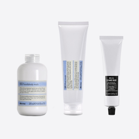 Zestaw Davines SU do pielęgnacji słonecznej: płyn do mycia włosów i ciała + maska do włosów + krem do rąk OI