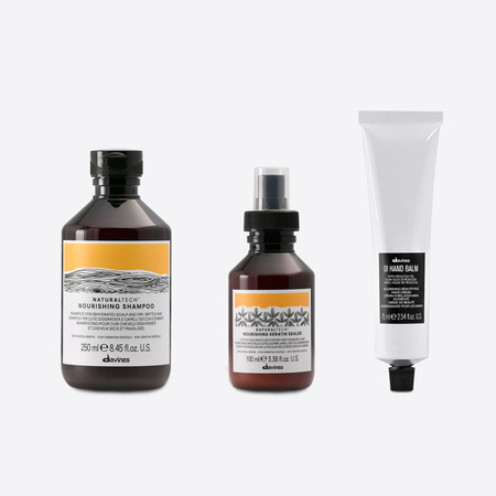 Zestaw Davines Naturaltech Nourishing do włosów zniszczonych: szampon + fluid ochronny + krem do rąk OI